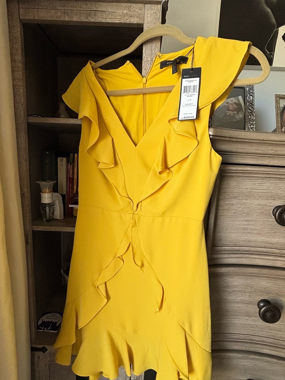 BCBG Yellow Ruffle V-Neck Mini Dress